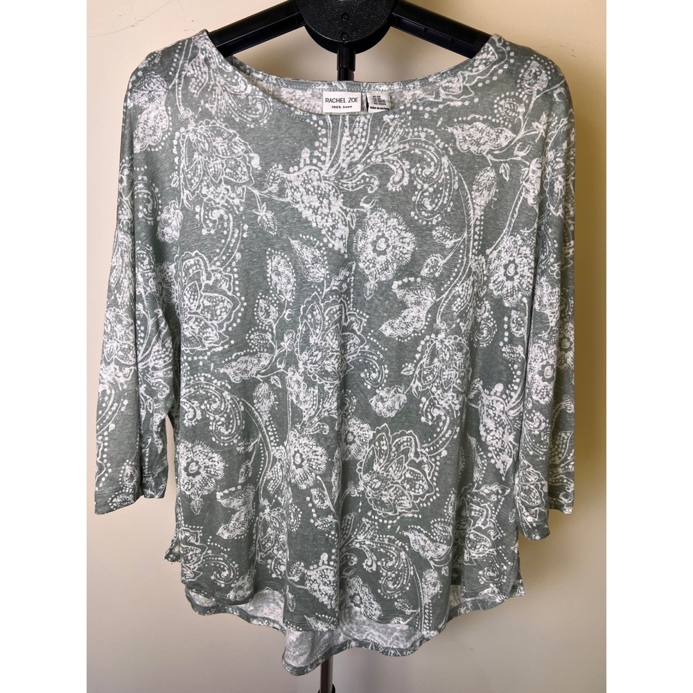 Rachel Zoe Top Women 2X Green Paisley 100% Linen Cottagecore Coastal Boho